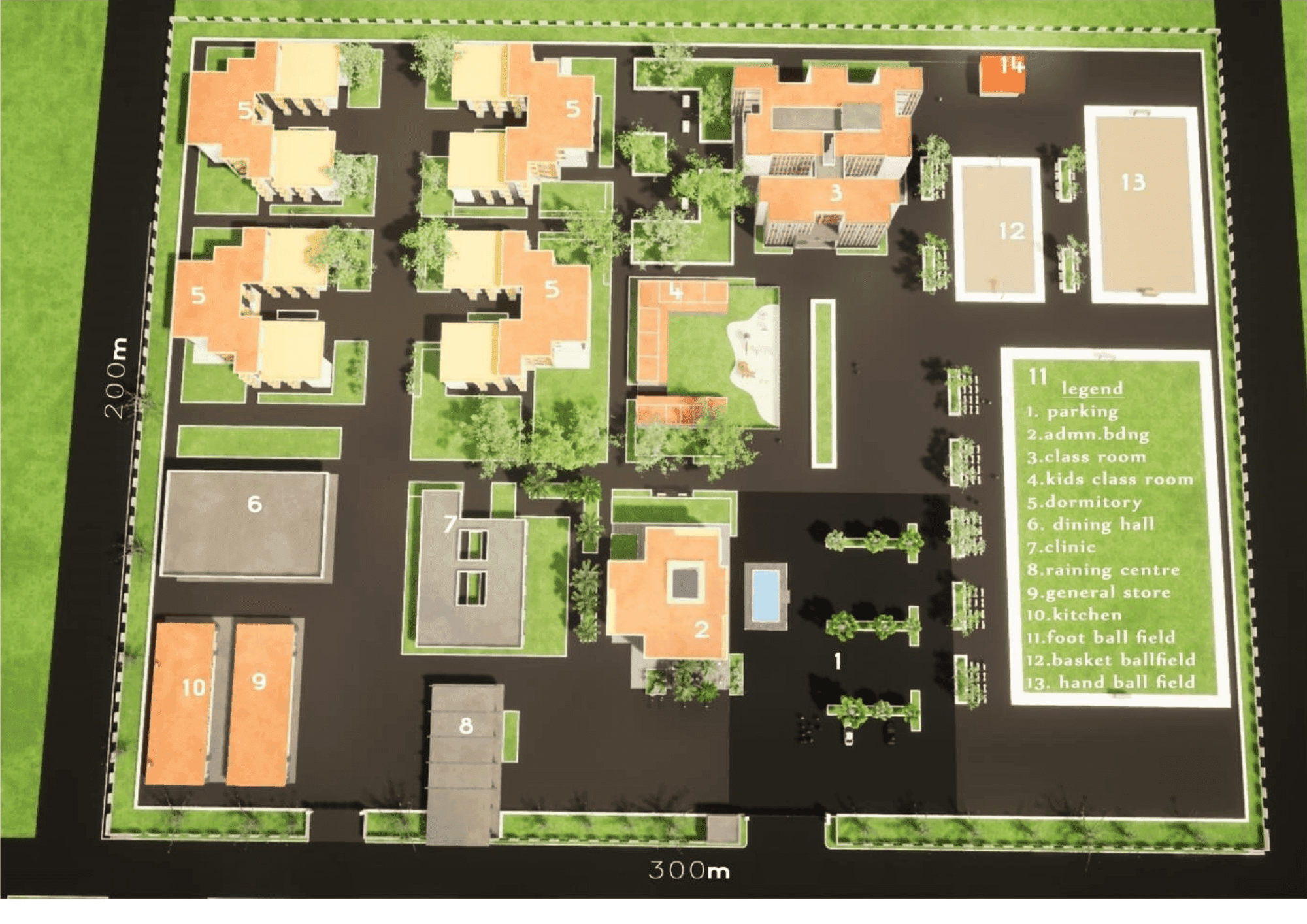 Architectural plan for the new BTO campus with dormitories, classrooms, clinic, and sports facilities