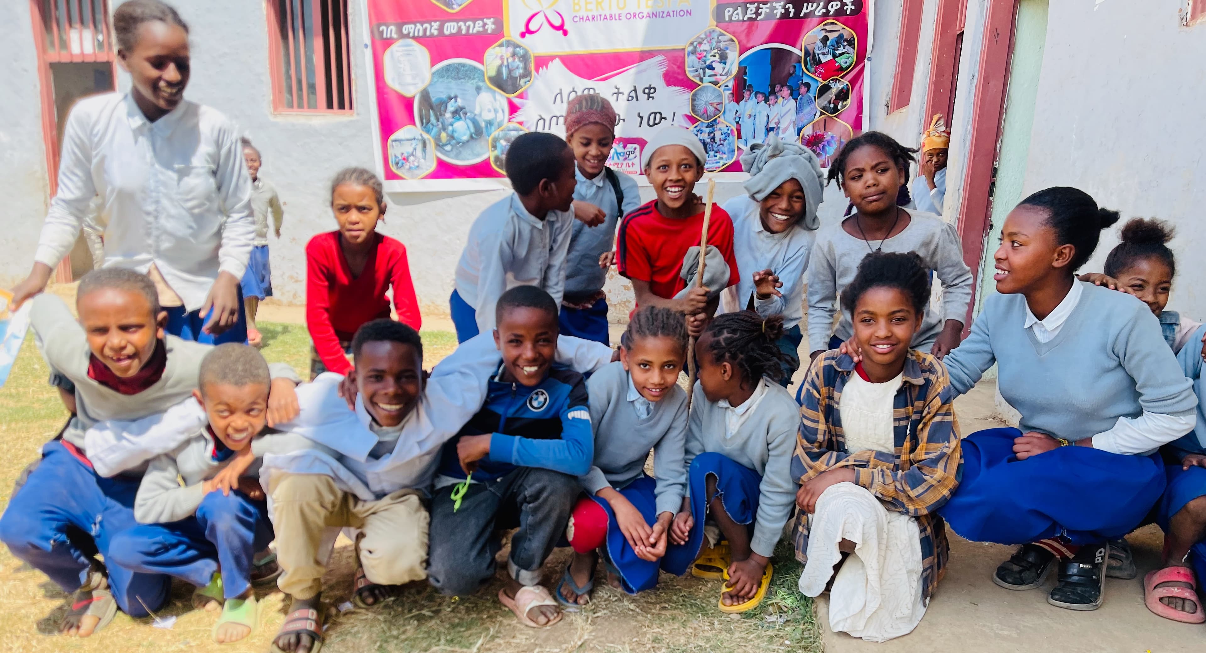 Students at the BTO school with the Bertu Tesfa banner in the background